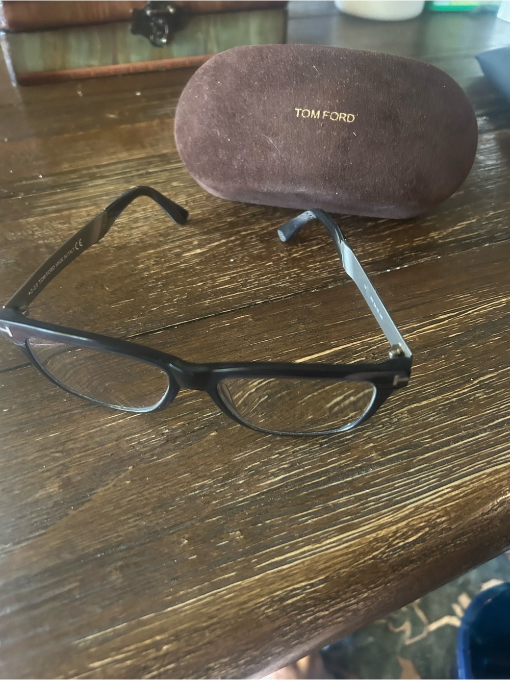 Tom Ford Dark Navy Frames with Gray Stems and Brown Case